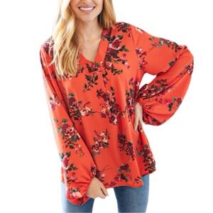 NEW HAPTICS SUNSET FLORAL V NECK WOOL DOBBY TOP